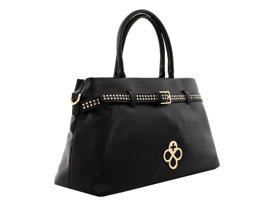 Bolsa de mano color negro con detalles y herrajes en color dorado y asas superiores.
