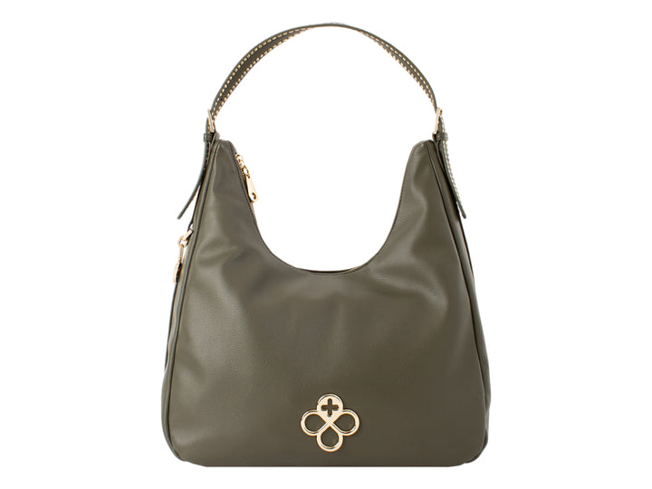 Bolsa de hombro color olivo con detalles dorados y diseño estilo hobo.