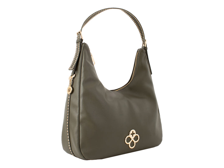 Bolsa de hombro color olivo con detalles dorados y diseño estilo hobo.