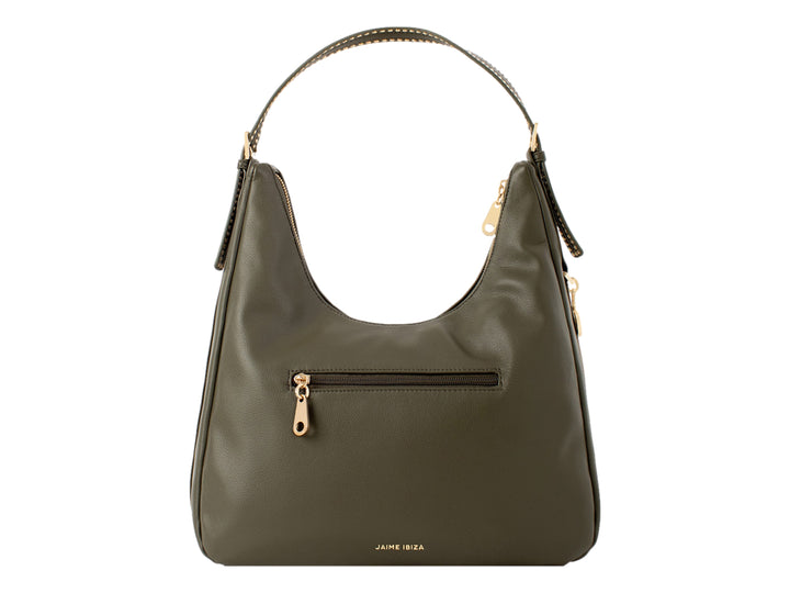 Bolsa de hombro color olivo con detalles dorados y diseño estilo hobo.