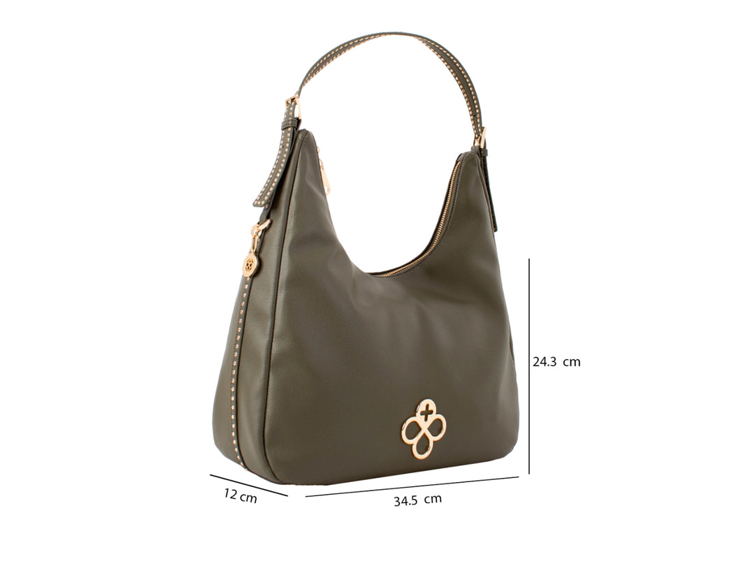 Bolsa de hombro color olivo con detalles dorados y diseño estilo hobo.