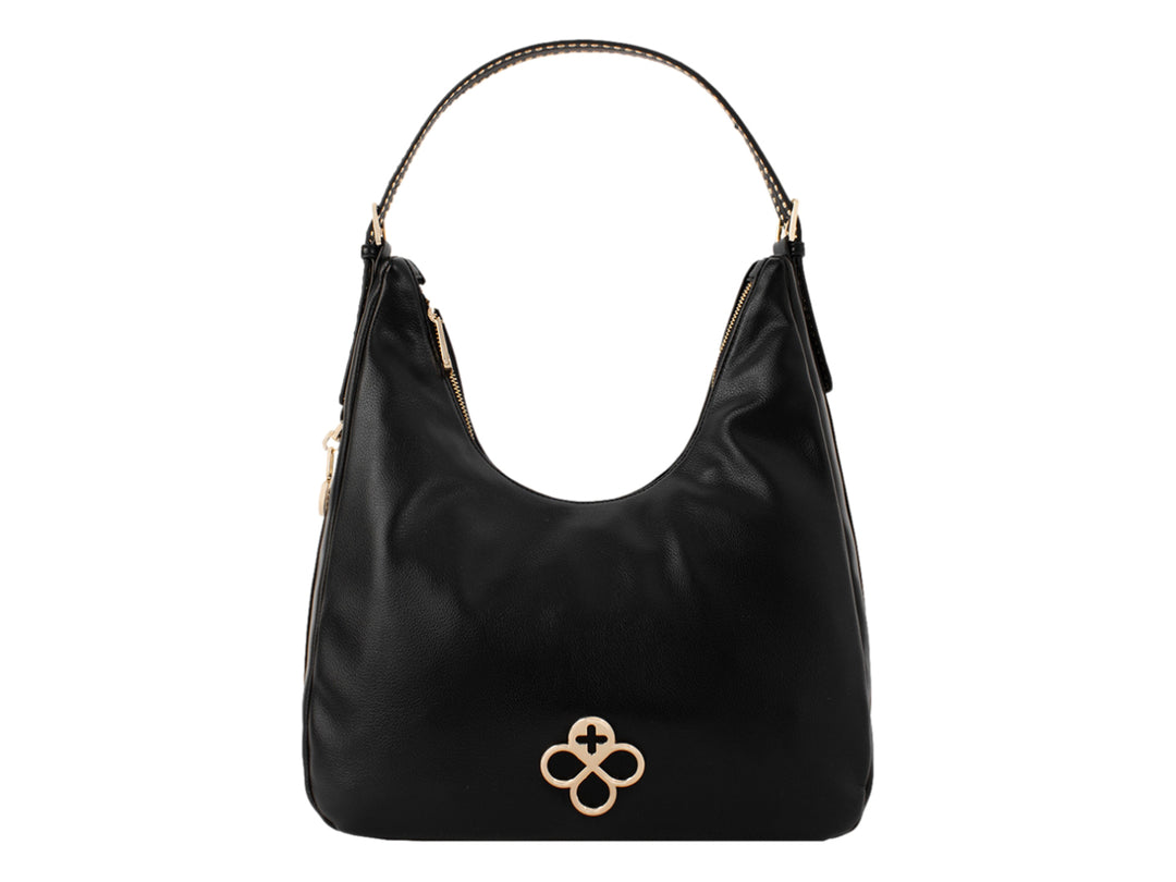 Bolsa de mano color negro con detalles y logo en color dorado, estilo hobo.