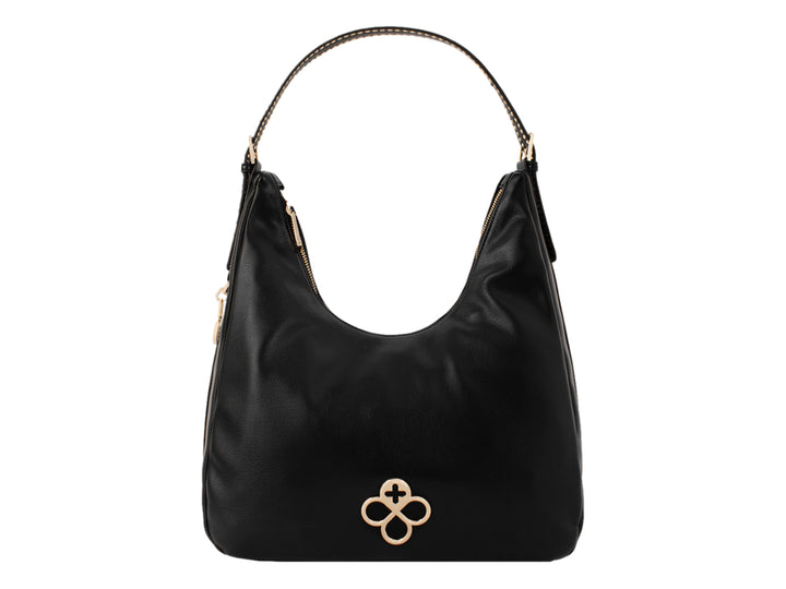 Bolsa de mano color negro con detalles y logo en color dorado, estilo hobo.