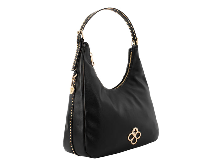 Bolsa de mano color negro con detalles y logo en color dorado, estilo hobo.