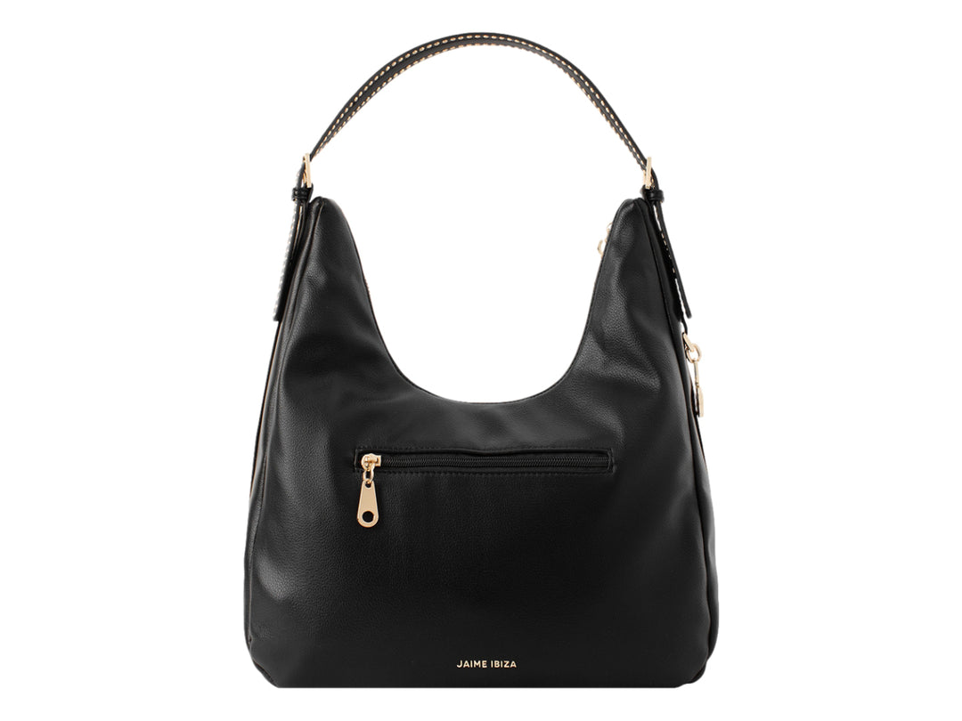 Bolsa de mano color negro con detalles y logo en color dorado, estilo hobo.