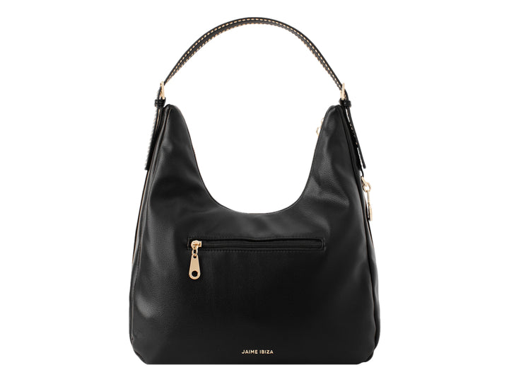 Bolsa de mano color negro con detalles y logo en color dorado, estilo hobo.