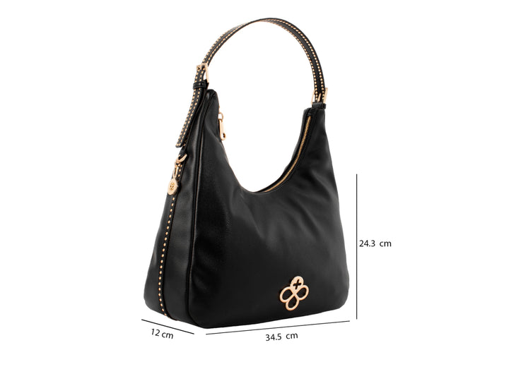 Bolsa de mano color negro con detalles y logo en color dorado, estilo hobo.