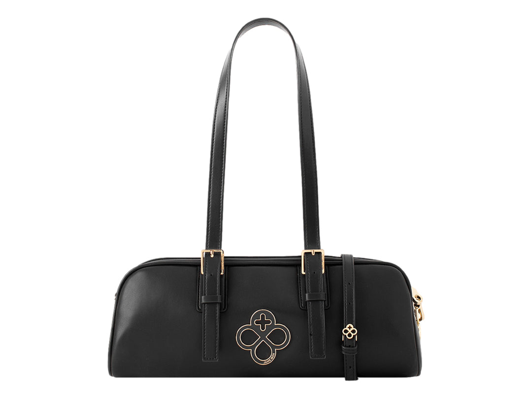 Bolso cilíndrico color negro de la marca Jaime Ibiza con detalles y herrajes en color dorado.