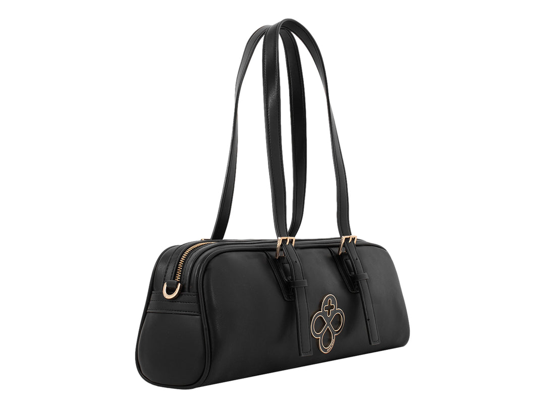 Bolso cilíndrico color negro de la marca Jaime Ibiza con detalles y herrajes en color dorado.