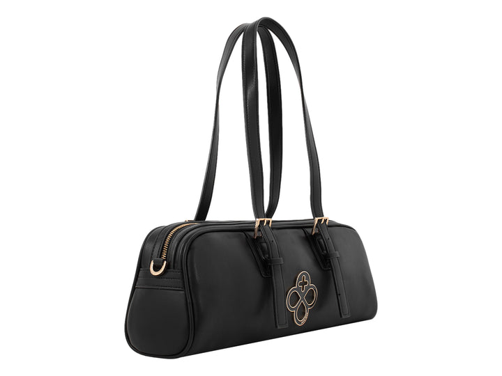 Bolso cilíndrico color negro de la marca Jaime Ibiza con detalles y herrajes en color dorado.