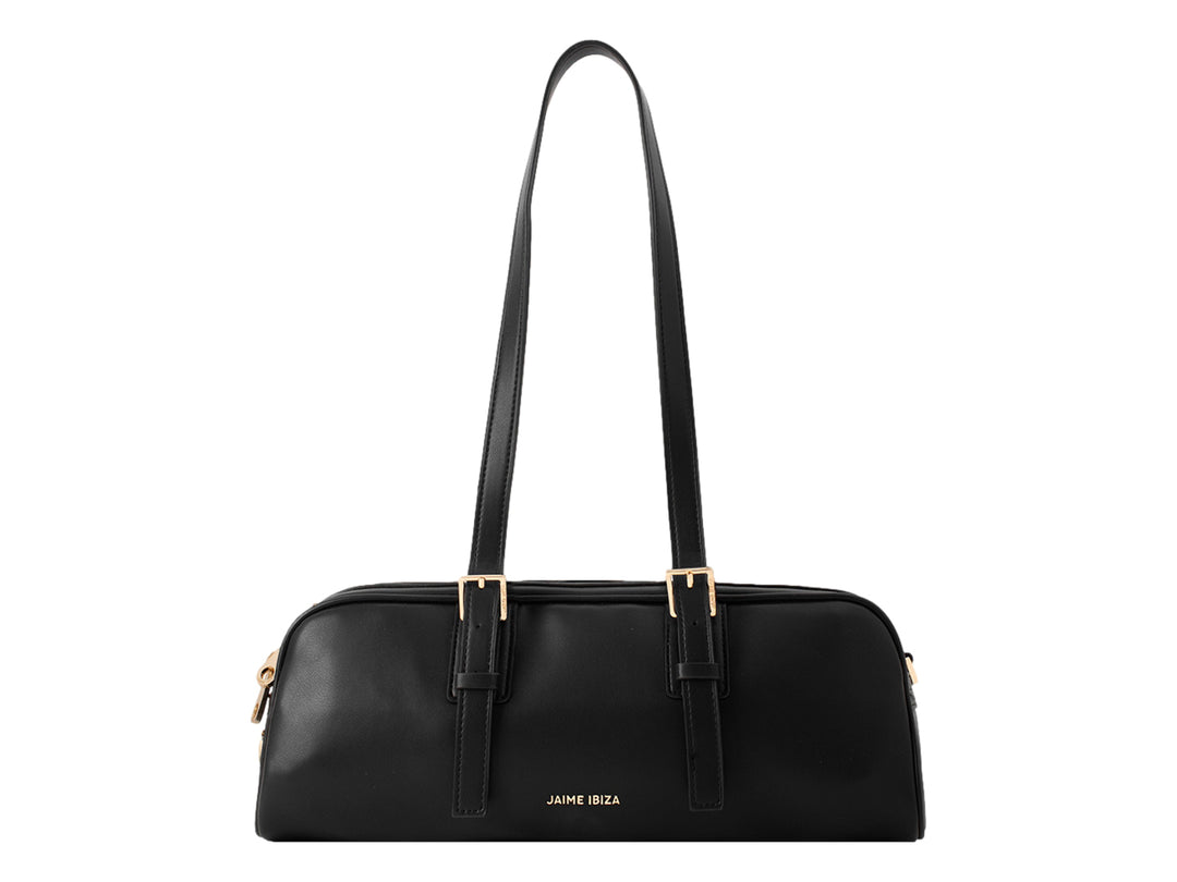 Bolso cilíndrico color negro de la marca Jaime Ibiza con detalles y herrajes en color dorado.