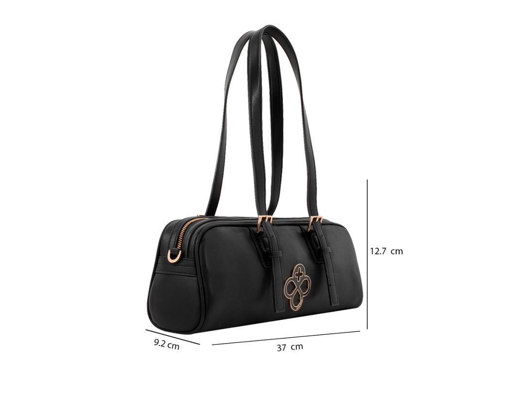 Bolso cilíndrico color negro de la marca Jaime Ibiza con detalles y herrajes en color dorado.