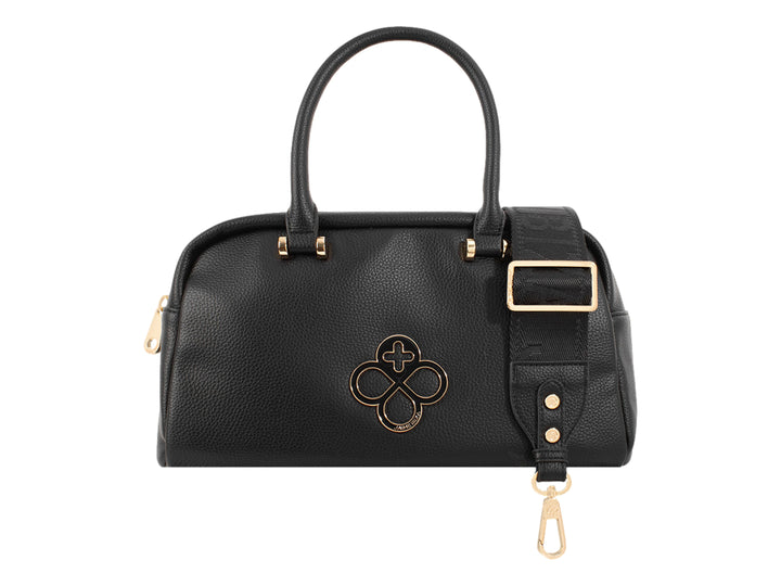 Bolsa negra de Jaime Ibiza con detalles dorados, asa superior y correa ajustable.