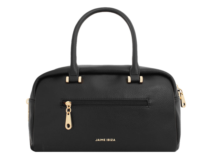 Bolsa negra de Jaime Ibiza con detalles dorados, asa superior y correa ajustable.