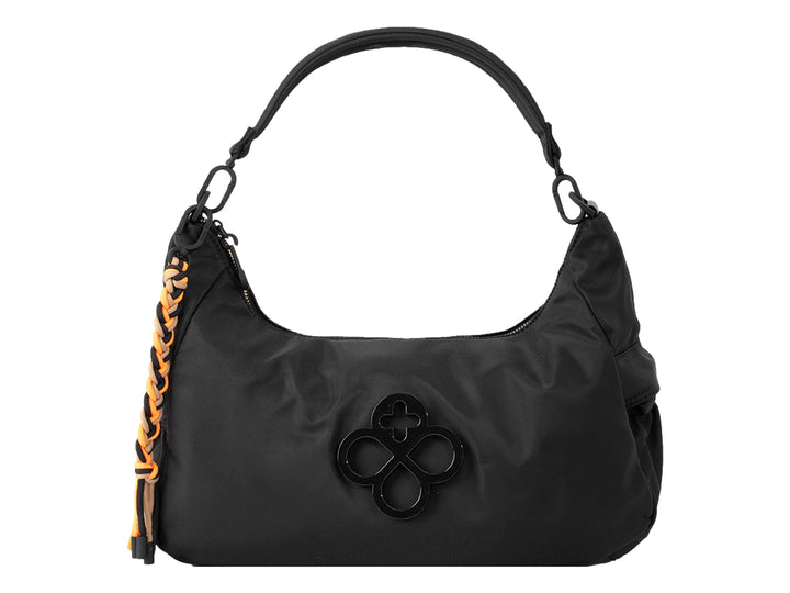 Bolsa de hombro color negro de la marca Jaime Ibiza con correa trenzada en tonos naranja y café.