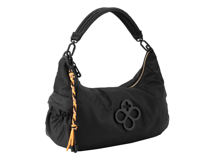 Bolsa de hombro color negro de la marca Jaime Ibiza con correa trenzada en tonos naranja y café.