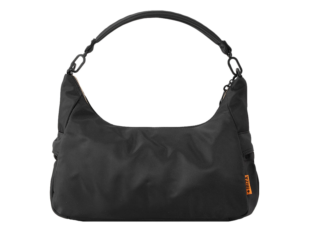 Bolsa de hombro color negro de la marca Jaime Ibiza con correa trenzada en tonos naranja y café.