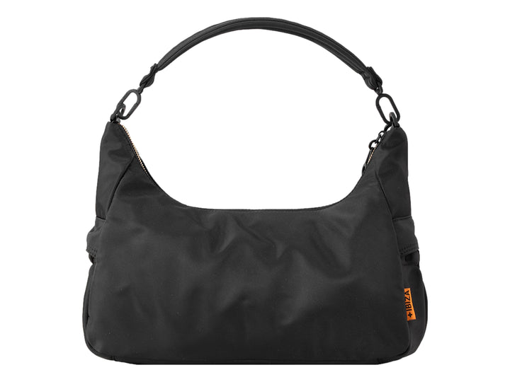 Bolsa de hombro color negro de la marca Jaime Ibiza con correa trenzada en tonos naranja y café.