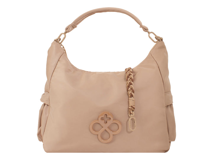 Bolsa de mano color natural con asa y detalle trenzado de la marca Jaime Ibiza.