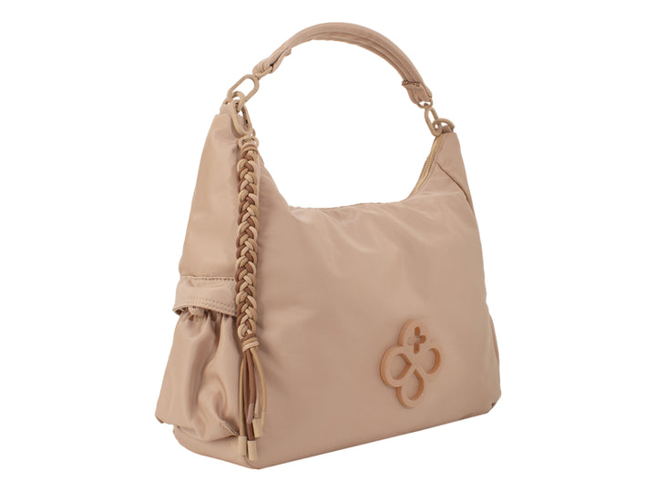 Bolsa de mano color natural con asa y detalle trenzado de la marca Jaime Ibiza.