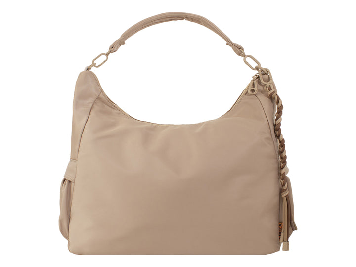 Bolsa de mano color natural con asa y detalle trenzado de la marca Jaime Ibiza.