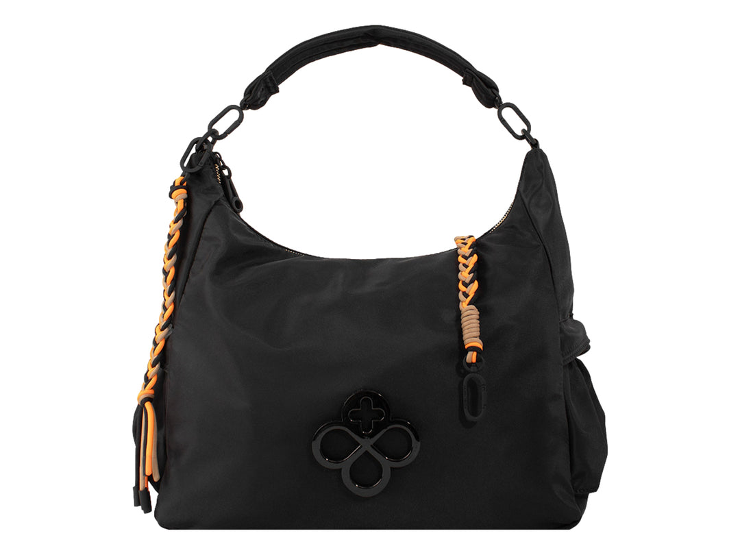 Bolsa hobo color negro de Jaime Ibiza con detalles trenzados en color naranja.