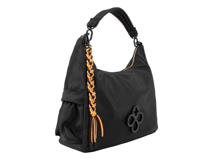 Bolsa hobo color negro de Jaime Ibiza con detalles trenzados en color naranja.