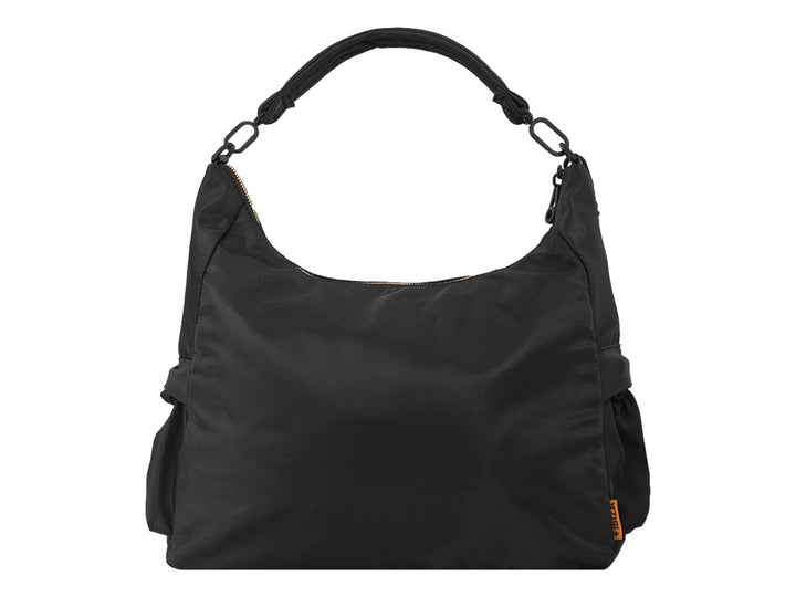 Bolsa hobo color negro de Jaime Ibiza con detalles trenzados en color naranja.