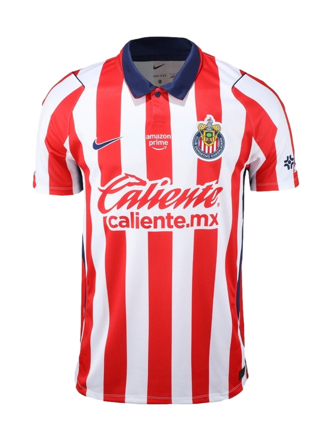 Jersey de fútbol Nike del Chivas con rayas verticales rojas y blancas y cuello azul.