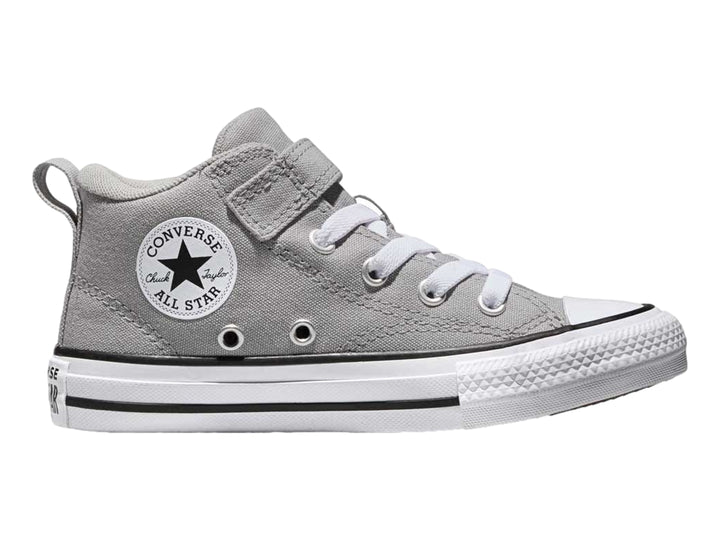 Tenis Converse color gris con suela blanca, agujetas y correa de velcro.