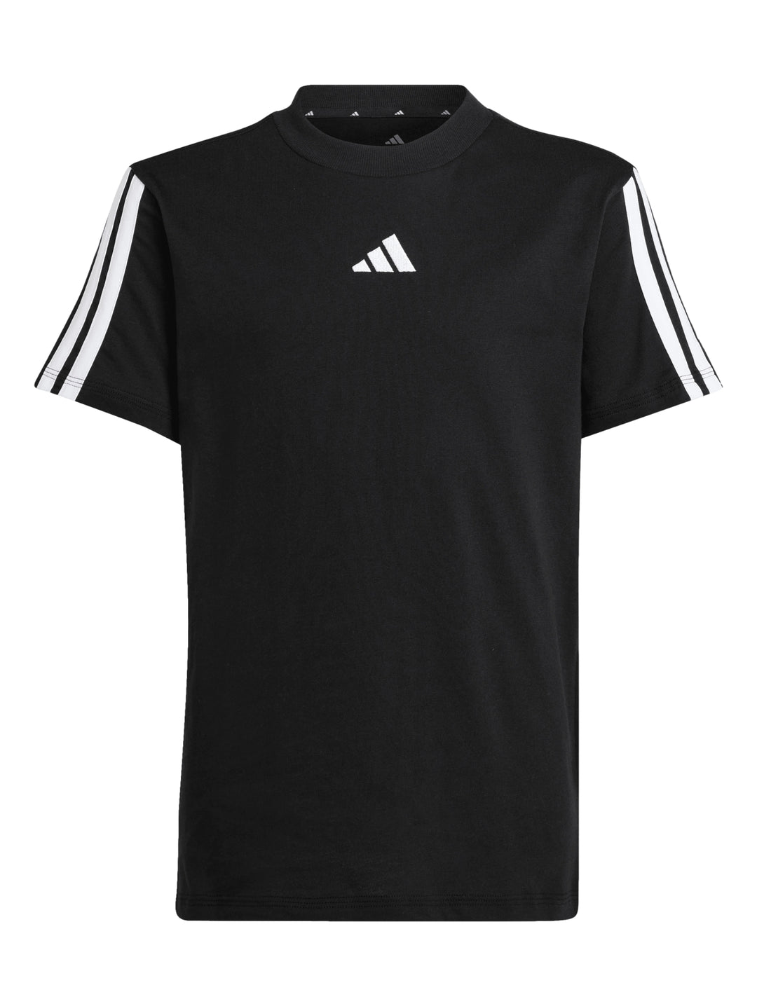 Niño vistiendo playera deportiva Adidas color negro con rayas blancas en los hombros.