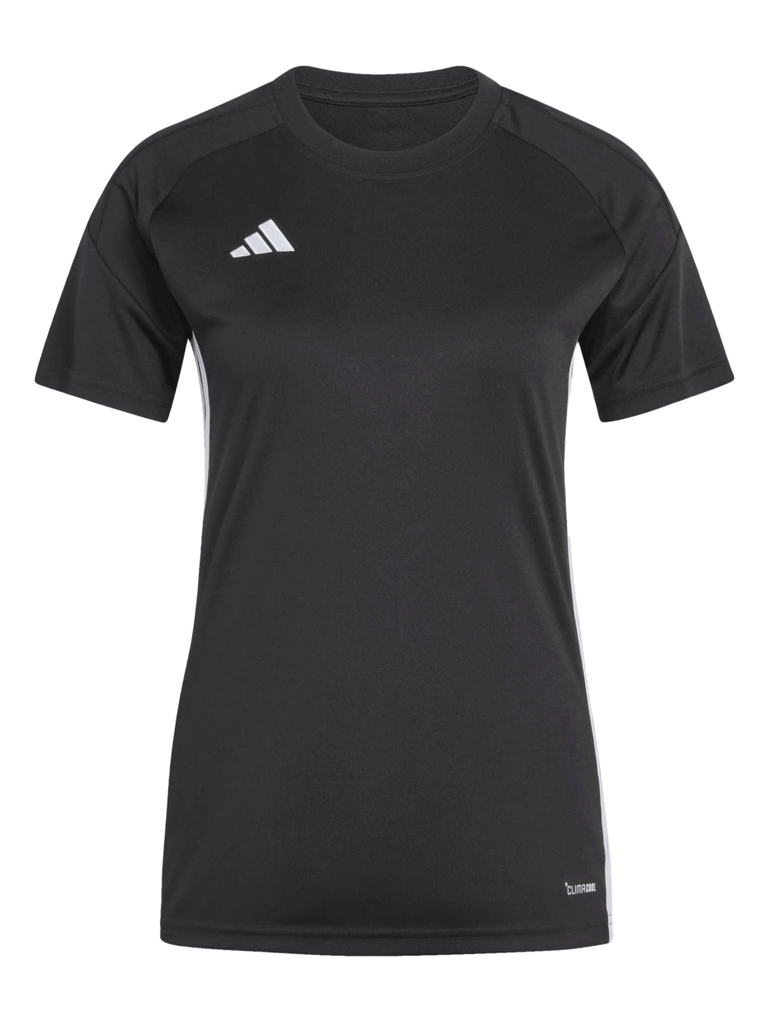 Mujer vistiendo playera deportiva Adidas de color negro con detalles blancos.