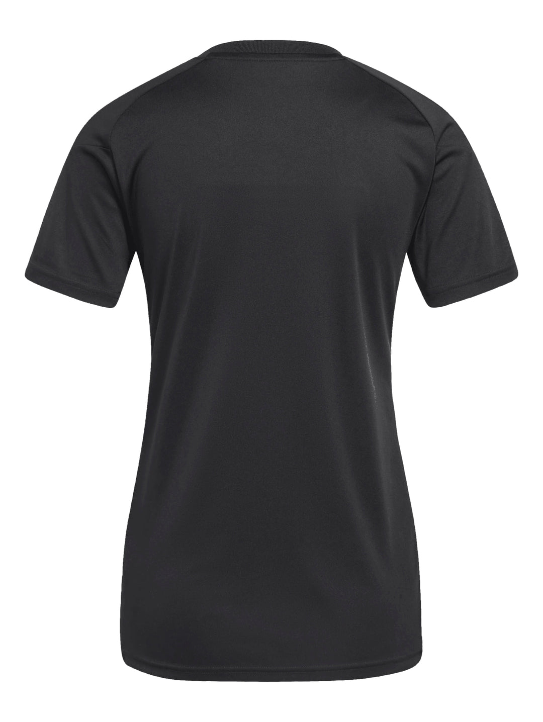 Mujer vistiendo playera deportiva Adidas de color negro con detalles blancos.