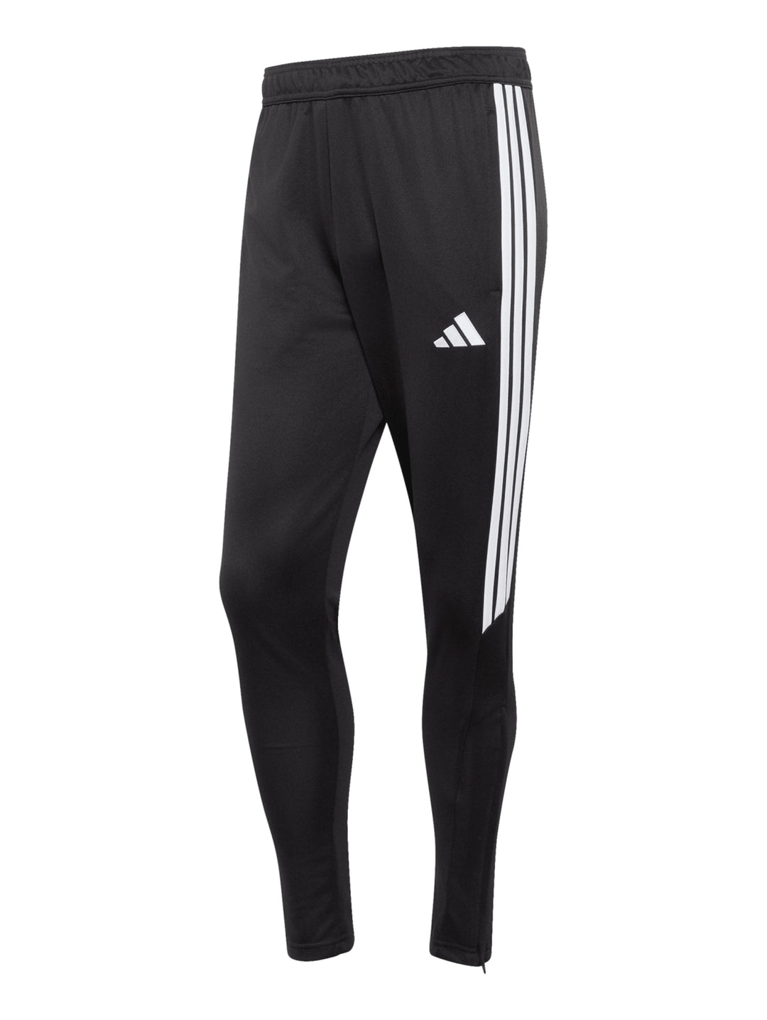 Pantalón deportivo Adidas color negro con tres franjas blancas laterales y logotipo blanco.