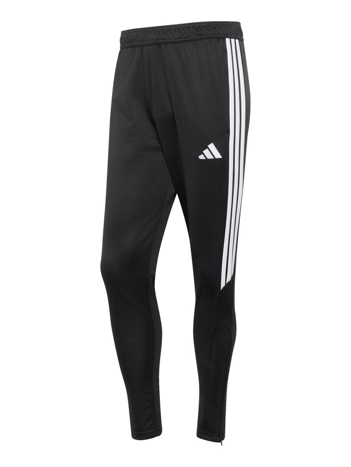 Pantalón deportivo Adidas color negro con tres franjas blancas laterales y logotipo blanco.