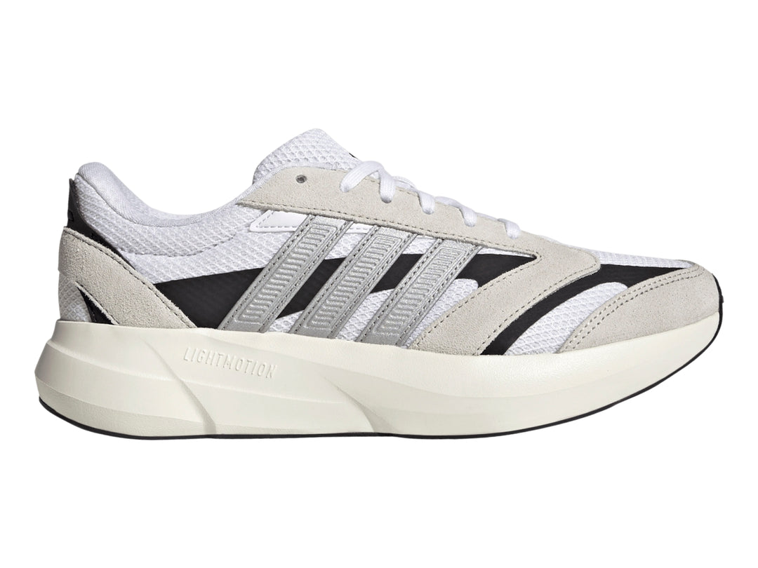 Tenis Adidas Lightshift 2.0 blancos con franjas plateadas y detalles negros, vista lateral.
