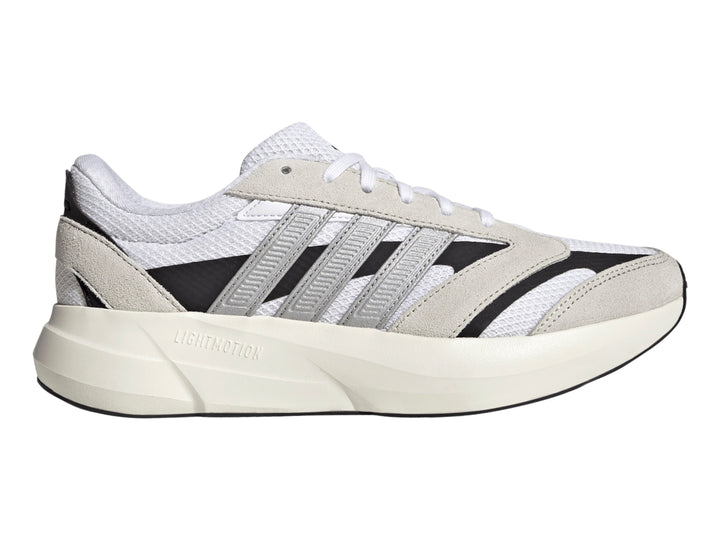 Tenis Adidas Lightshift 2.0 blancos con franjas plateadas y detalles negros, vista lateral.