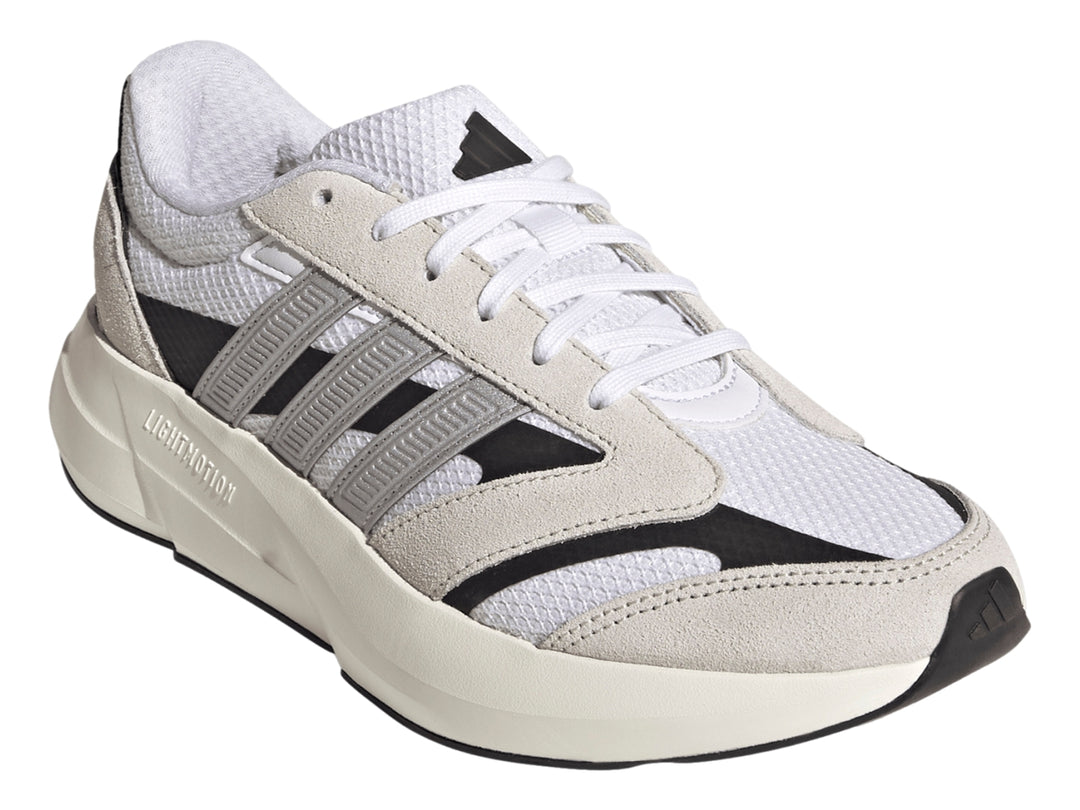Tenis Adidas Lightshift 2.0 blancos con franjas plateadas y detalles negros, vista lateral.