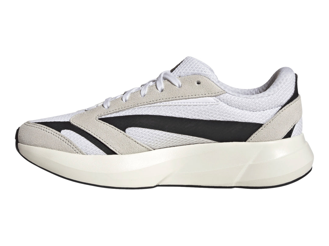 Tenis Adidas Lightshift 2.0 blancos con franjas plateadas y detalles negros, vista lateral.