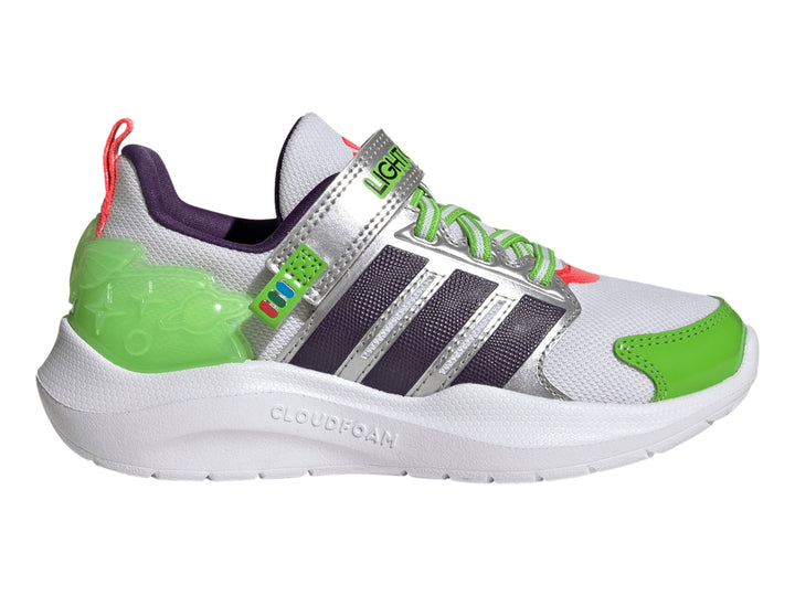 Tenis Adidas Lightorama RNR Buzz blancos con franjas moradas y detalles en verde neón.