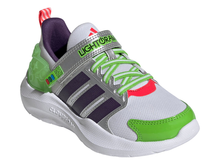 Tenis Adidas Lightorama RNR Buzz blancos con franjas moradas y detalles en verde neón.