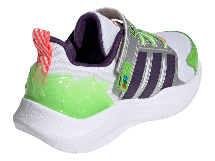 Tenis Adidas Lightorama RNR Buzz blancos con franjas moradas y detalles en verde neón.