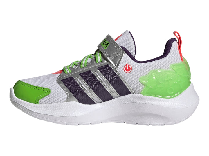 Tenis Adidas Lightorama RNR Buzz blancos con franjas moradas y detalles en verde neón.