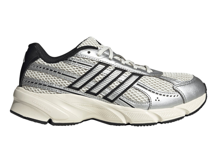 Tenis Adidas Technochaos 2000 color blanco y plata con detalles en negro y suela blanca Cloudfoam.