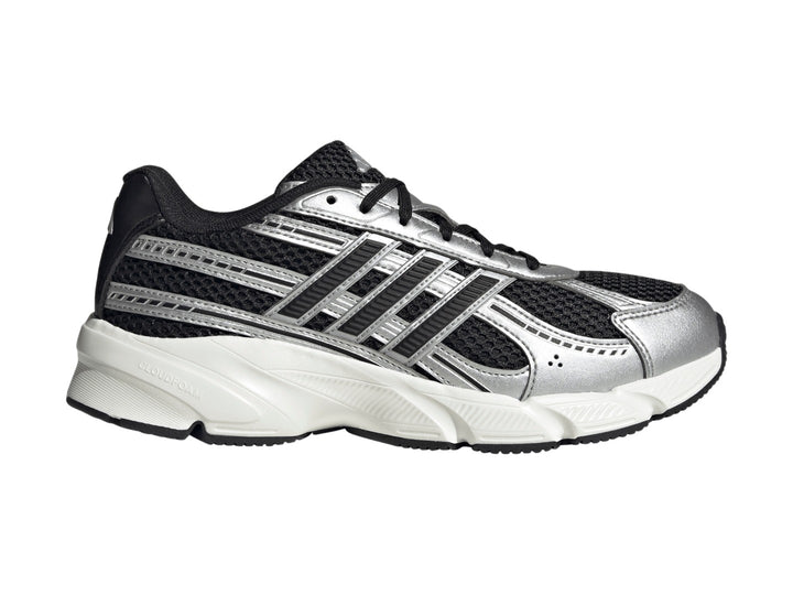 Tenis Adidas Technochaos 2000 en color negro y plata con suela blanca y detalles metálicos.