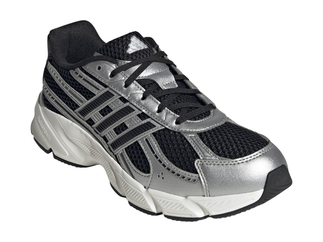 Tenis Adidas Technochaos 2000 en color negro y plata con suela blanca y detalles metálicos.