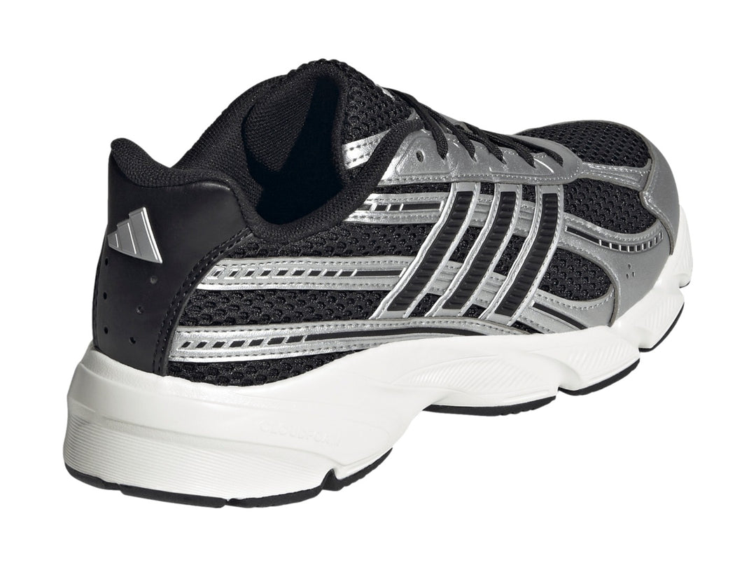 Tenis Adidas Technochaos 2000 en color negro y plata con suela blanca y detalles metálicos.