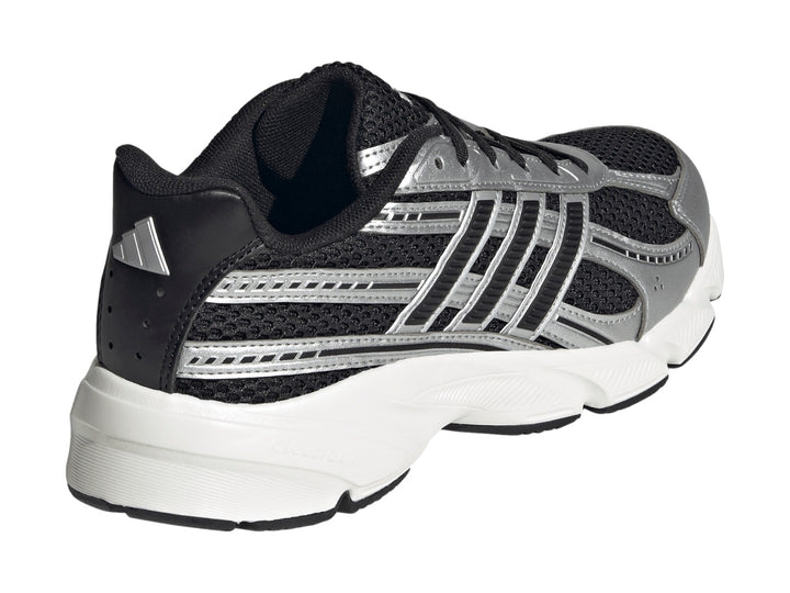 Tenis Adidas Technochaos 2000 en color negro y plata con suela blanca y detalles metálicos.