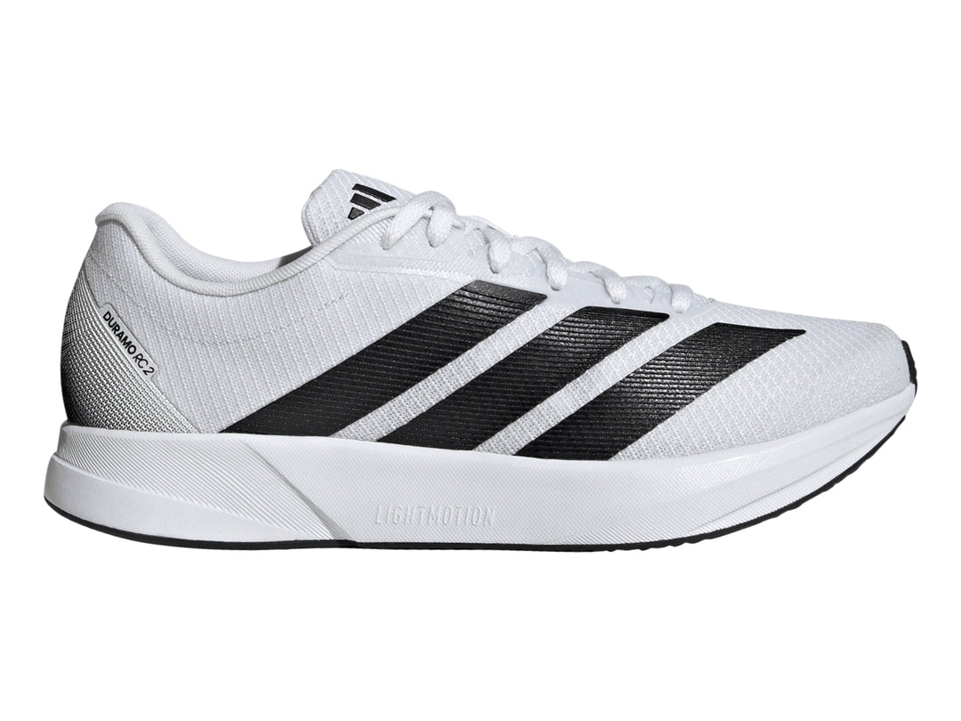 Tenis deportivos Adidas Duramo RC2 blancos con tres franjas negras laterales y suela blanca.