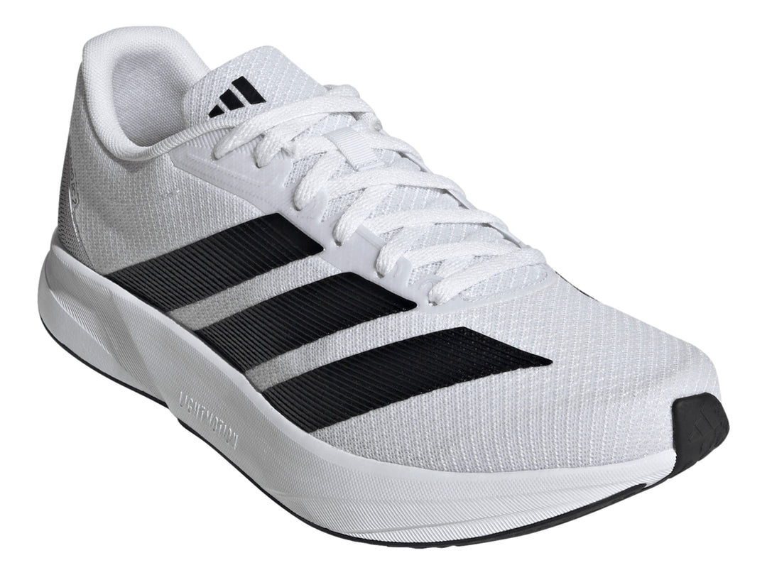 Tenis deportivos Adidas Duramo RC2 blancos con tres franjas negras laterales y suela blanca.